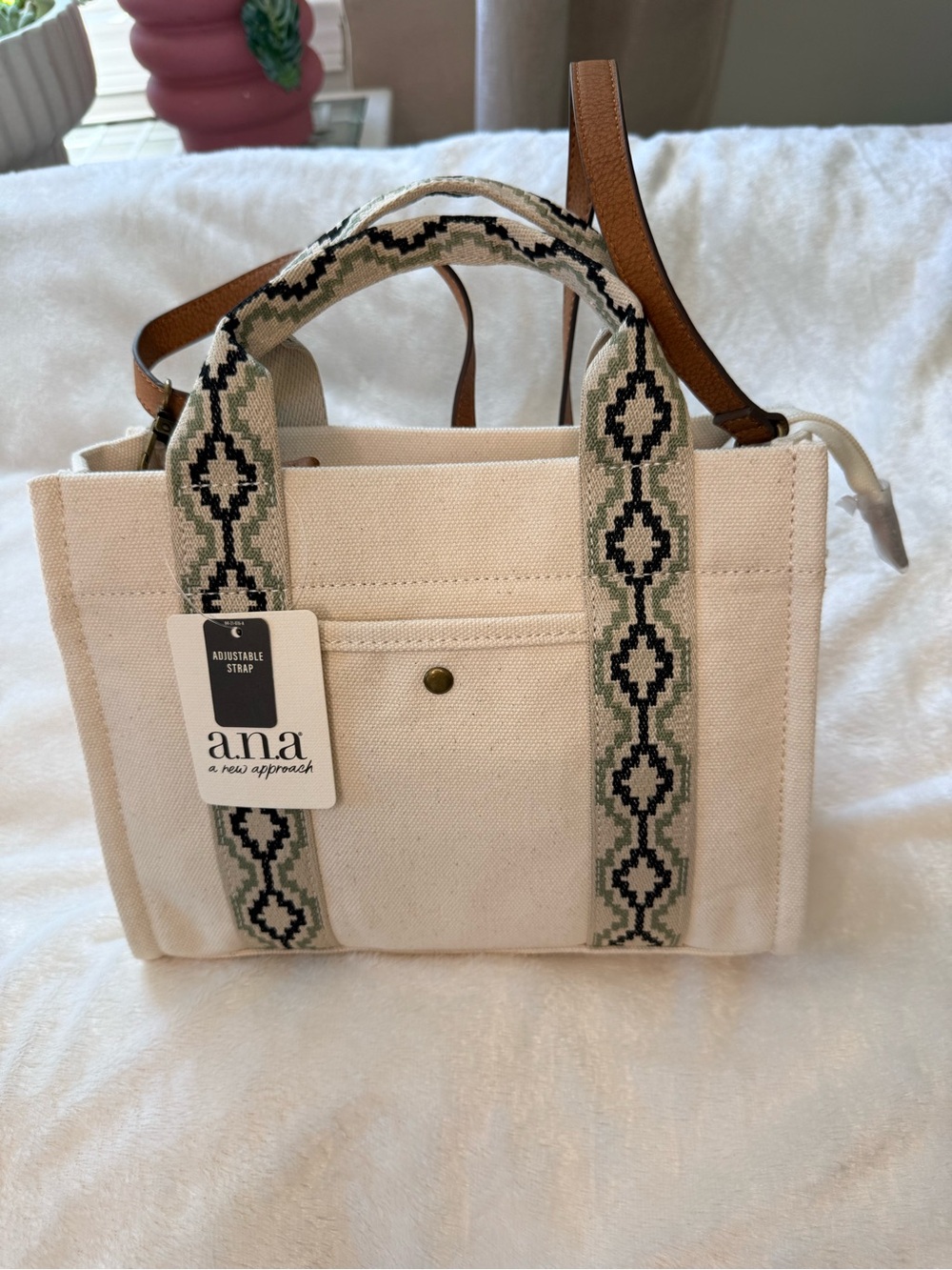 Anna Cream Canvas Tote with Green-Black Patterned Straps
